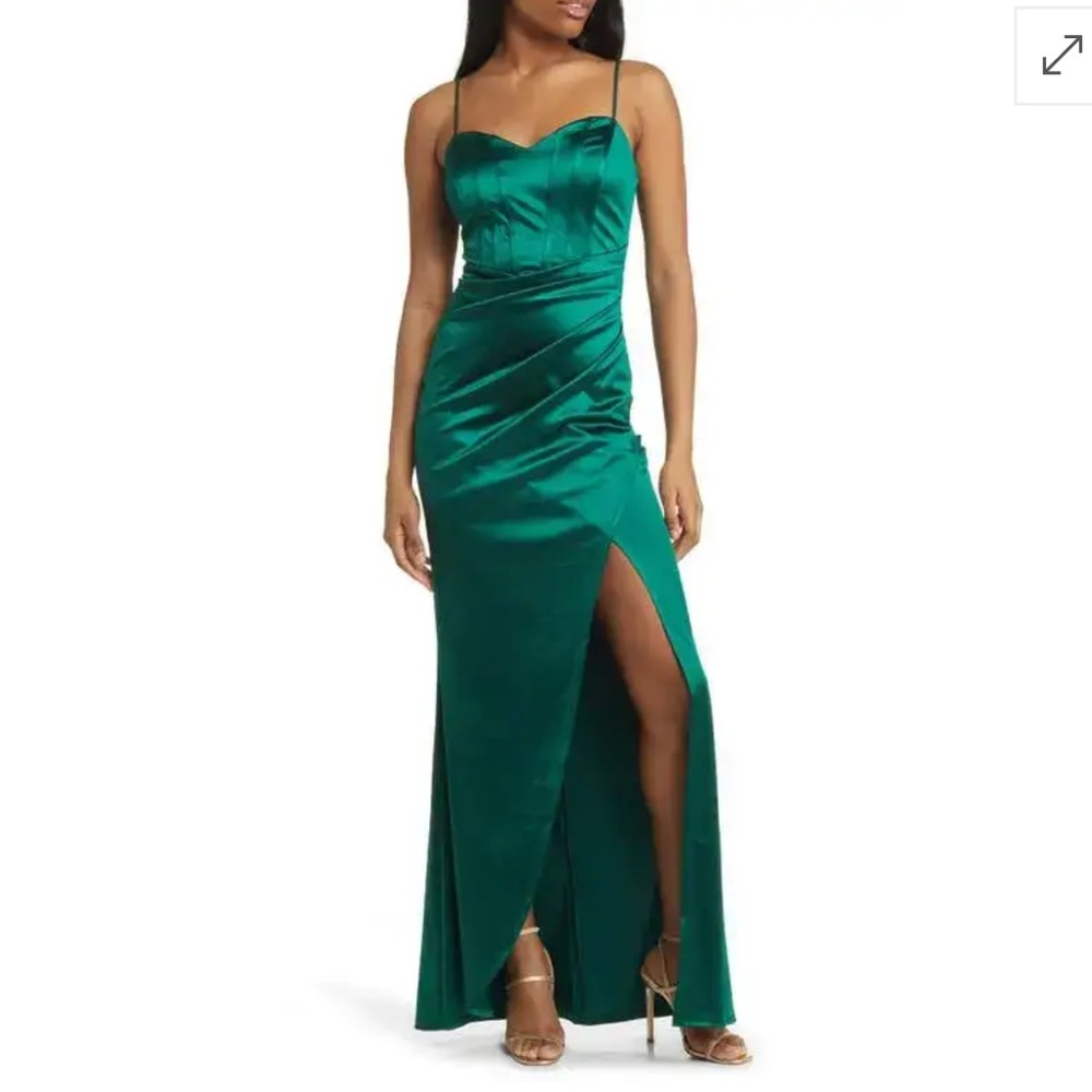 Emerald Green Satin Corset Maxi Dress with Side Slit – XS